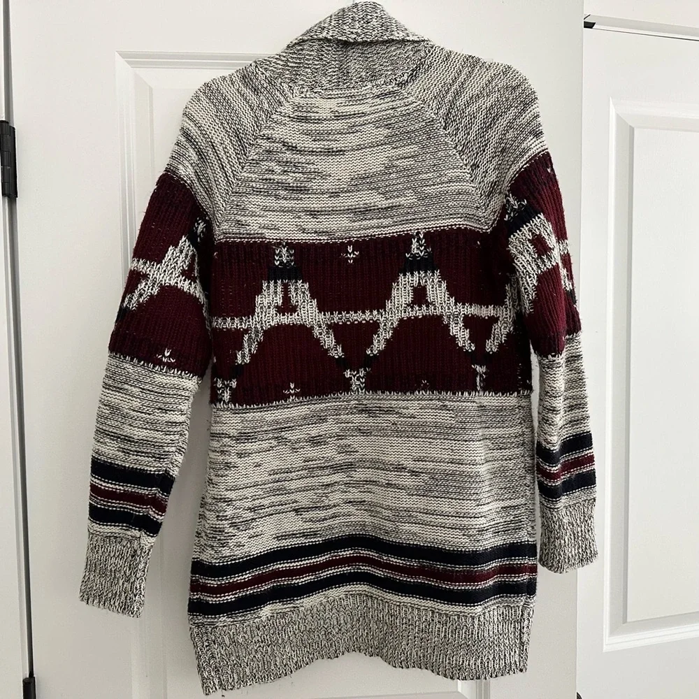 Fair Isle Fall Grey & Burgundy Open Front Oversized Cardigan Sweater
